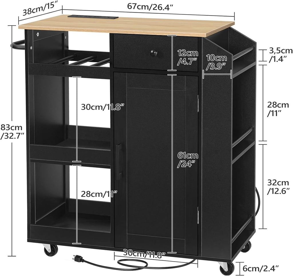 MAHANCRIS Kitchen Island with Power Outlet, Kitchen Storage Island with Drawer, Rolling Kitchen Cart on Wheels, Spice Rack, Towel Rack, Wine Rack, for Dining Room, Black and Natural KIHN122E01