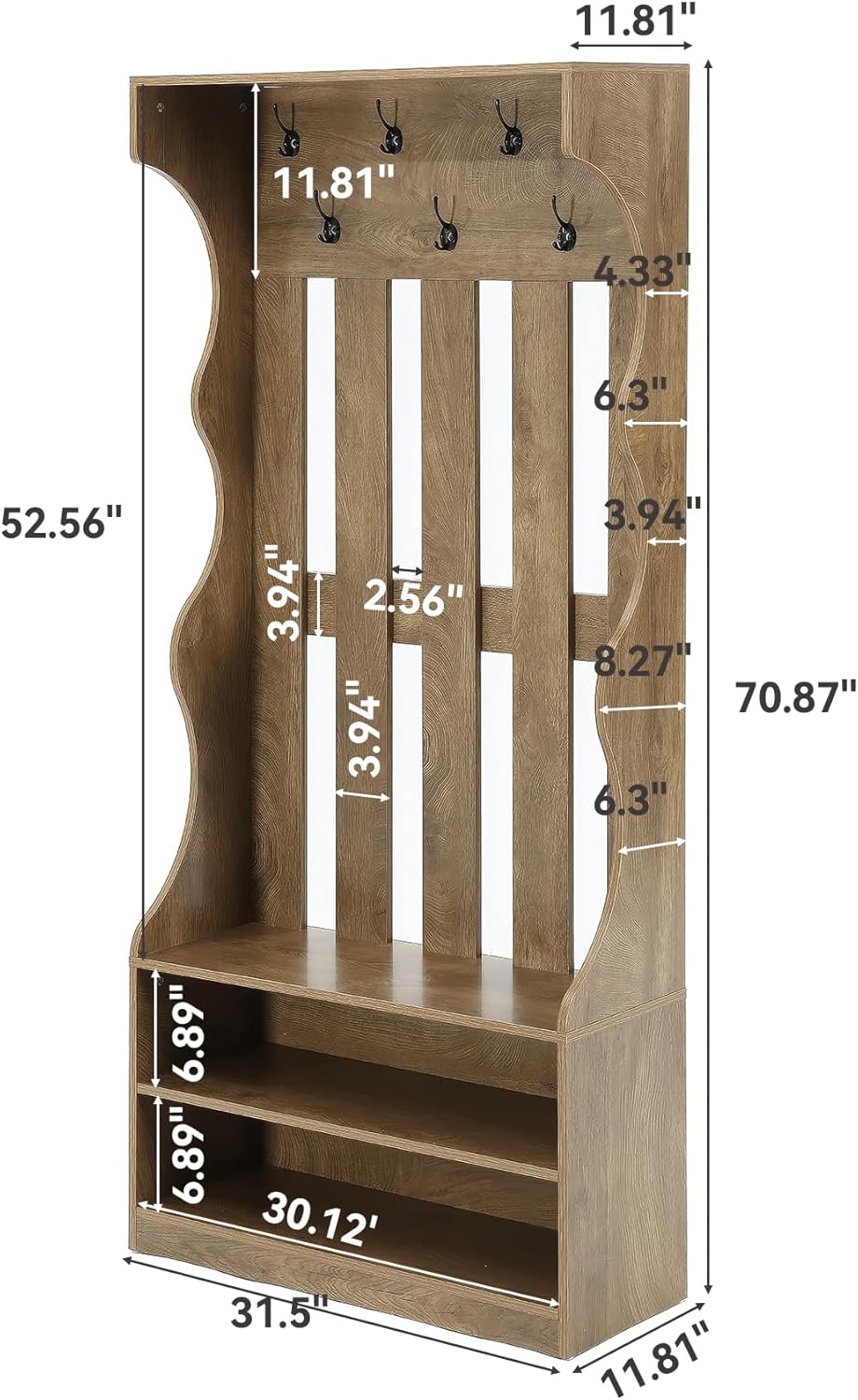 LITTLE TREE 3-In-1 Coat Rack with Shoe Bench, 70.9" Tall Hall Tree with 7 Hooks, Farmhouse Entryway Coat Rack with 2 Tier Shoe Storage for Entryway, Living Room, Bedroom, Brown