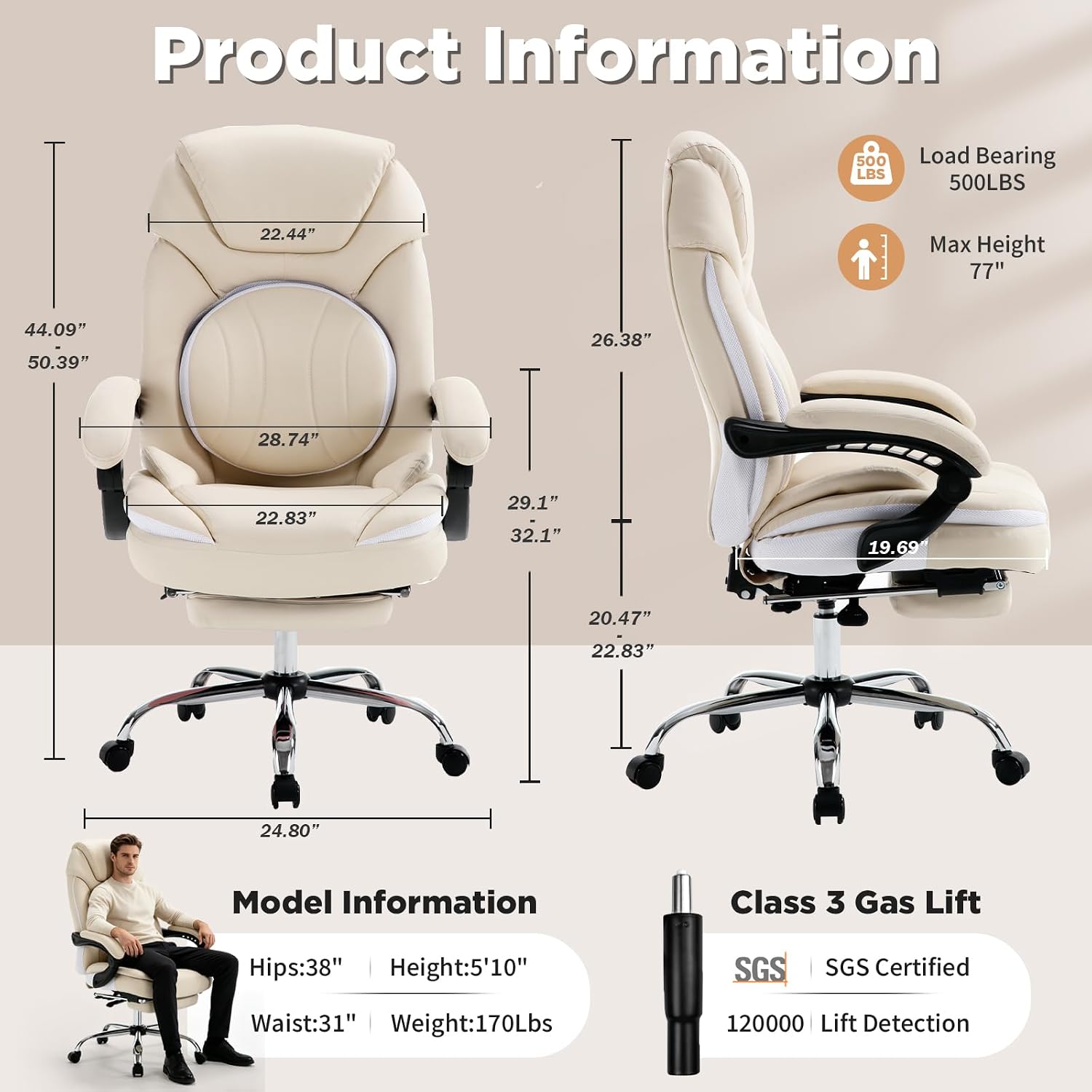 Ergonomic Fully Reclining Office Chairs with Back Support Footrest, Big and Tall Comfortable Recliner Office Desk Chair Computer Gaming Chair, Cream Beige
