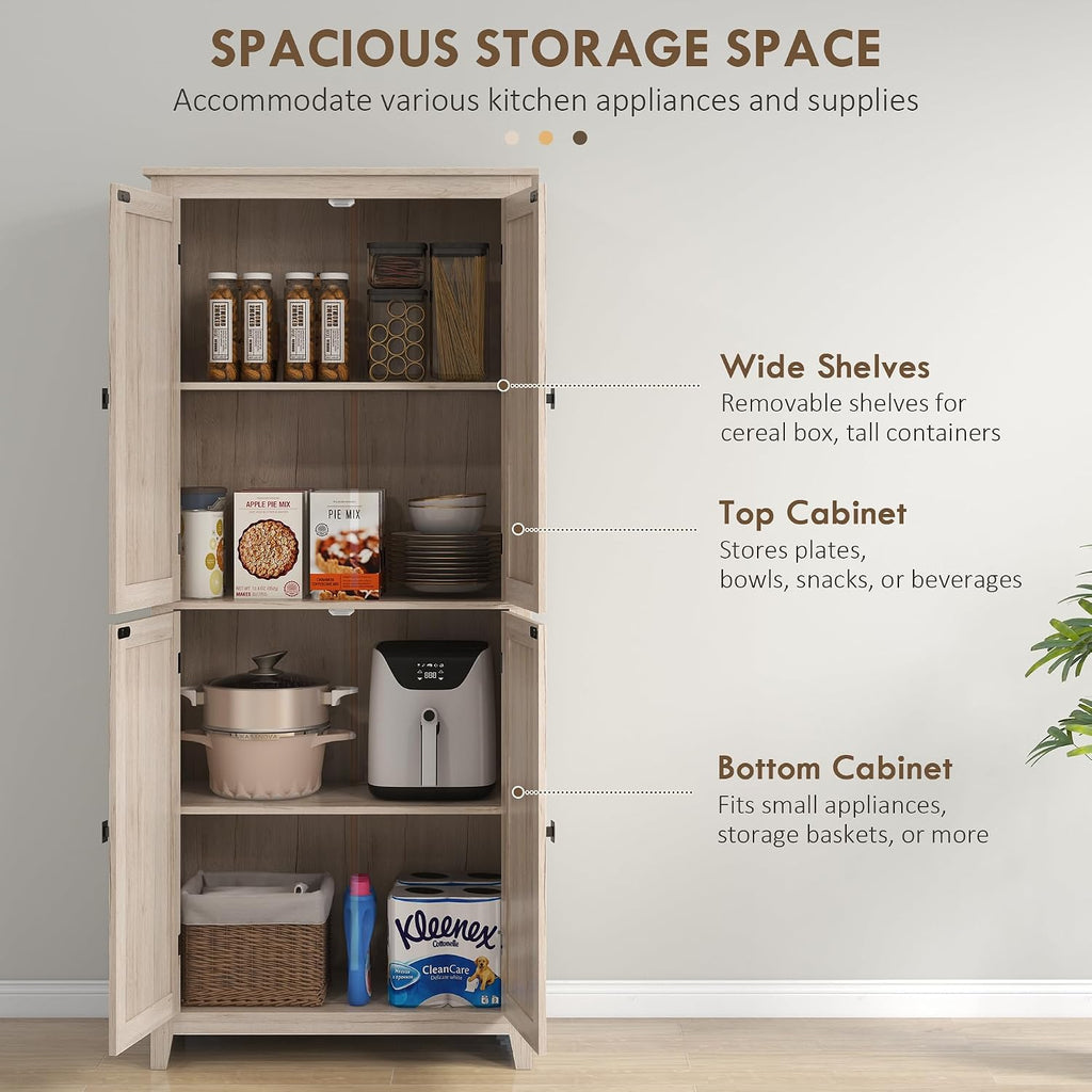 31.5" D*15.75" W*71.75" H Natural Wood Kitchen Pantry with 2 Shelves, 2 Double Doors, Farmhouse Rectangular Storage Cabinet, for Living Room, Dining Room