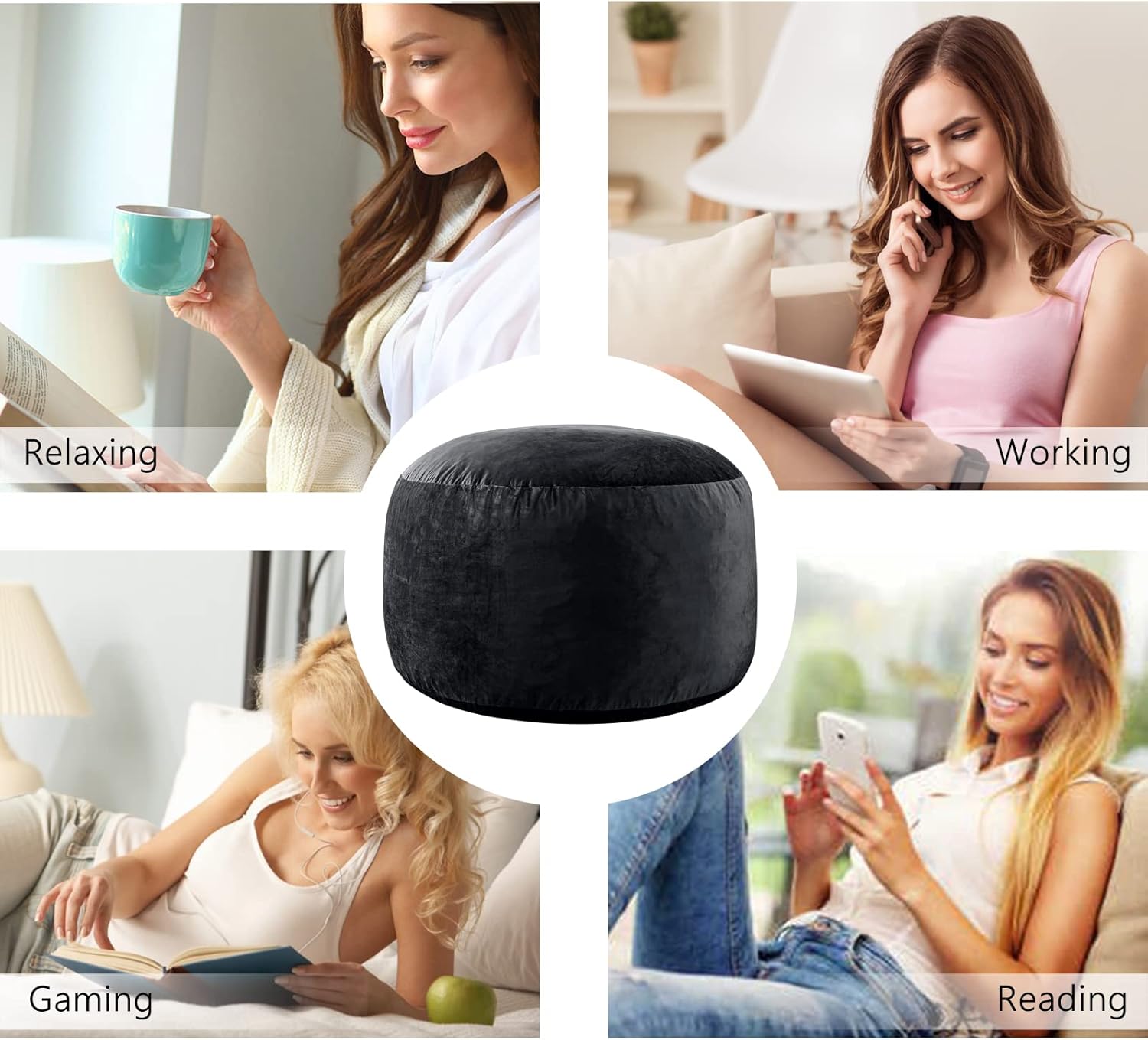 SHOUREN 3 Ft Bean Bag Chair,Memory Foam Bean Bag Chairs for Adults,Bean Bag Sofa for Living Room,Beanbag with Filler Included,Soft Velvet Fabric,Pull-Handle - 3 Foot,Black