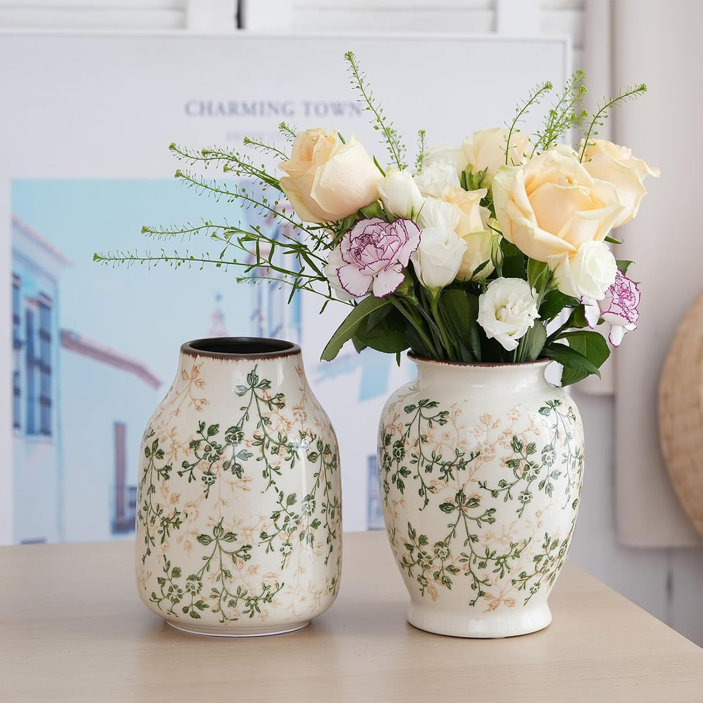 7.8Inch Green and Beige Vintage Vase, Chinoiserie Floral Vase, Rustic Ceramic Large Vases for Home Decors, Living Room, Bookshelf, Office, Grand Millennial Decor, Chinoiserie Decors, Tuscan Decor