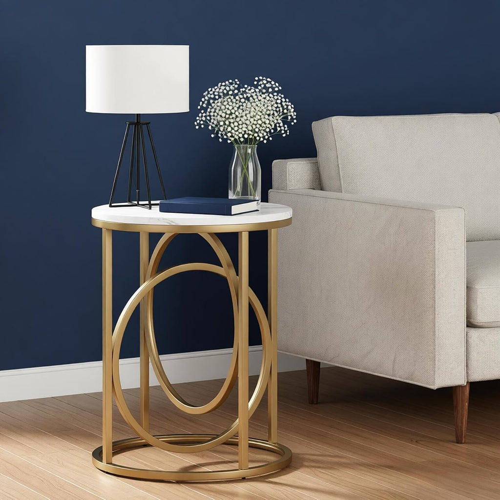 LITTLE TREE 20” Round End Table，Modern Sofa Side Table with Gold O-Shaped Base, Faux Marble White Cocktail Table Accent Table Nightstand for Living Room Bedroom