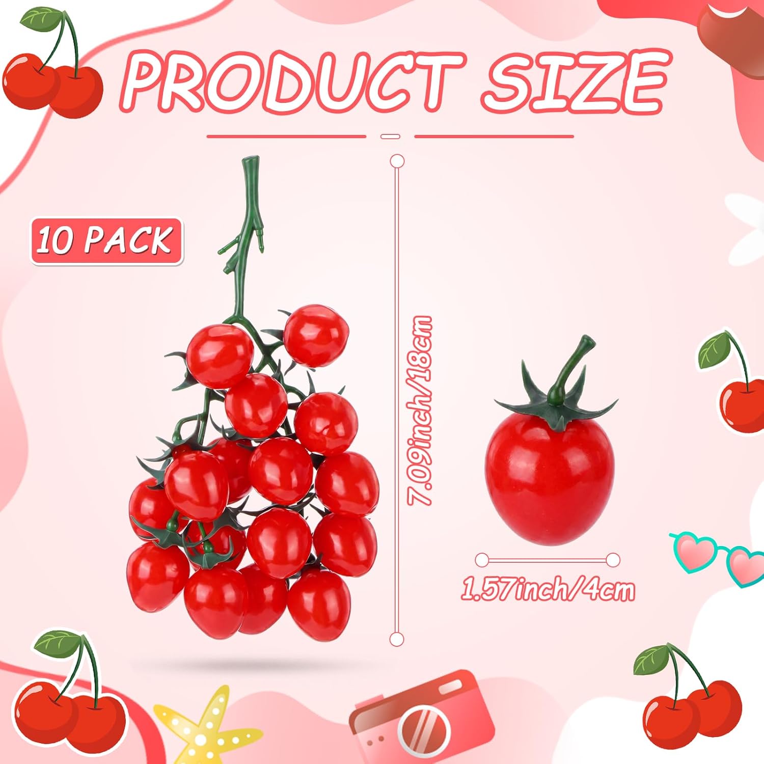 Ripeng 10 Pack Artificial Cherry Tomatoes 7.09" Long Artificial Fruit Lifelike Simulation Tomato Red Tomatoes Decoration Fake Tomato Faux Fruit Fake Vegetables Props for Home Kitchen Cabinet Decor