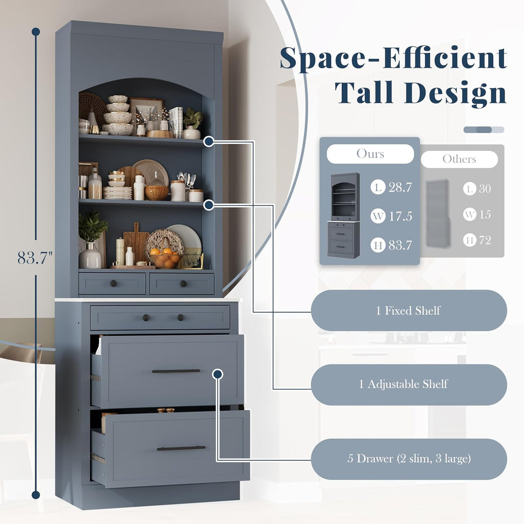 LUMISOL 83.7” Kitchen Pantry, Freestanding Tall Kitchen Hutch with Faux Marble Top, Cupboard Cabinet with 5 Drawers and Adjustable Shelf, Storage Cabinet for Kitchen Dining Room, Set of 2, Gray