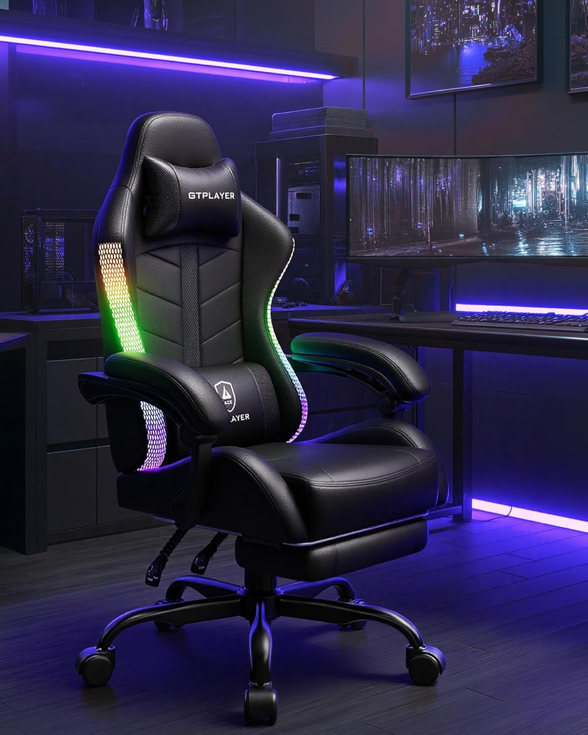 GTPLAYER RGB Gaming Chair with Footrest, Computer Gaming Chair with LED Lights for Adults, Height Adjustable PC Gamer Chair with 90-155° Recline & Removable Headrest Lumbar Support, RGB Black