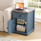 REDAYFUR 24" Tall End Table with Fast Charging Station, Square Side Table with Drawer & Large Storage Cabinet, Vintage Wooden Table for Living Room/Bedroom, Blue