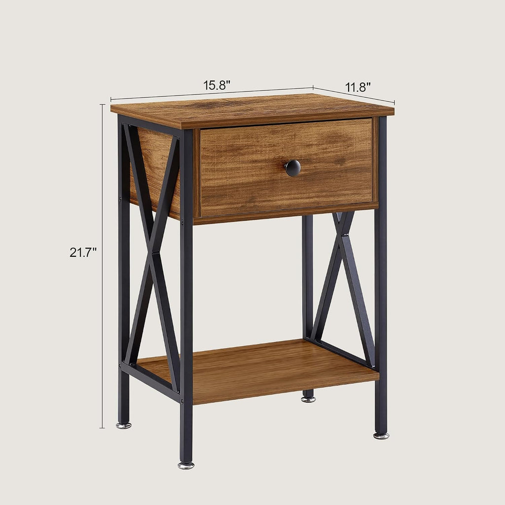 VECELO Night Stand Set of 2, End Tables with Drawer, 2-Tier Bedside Tables with X Shaped, Side Table Stand with Storage Shelf for Living Room/Bedroom,Rustic Brown
