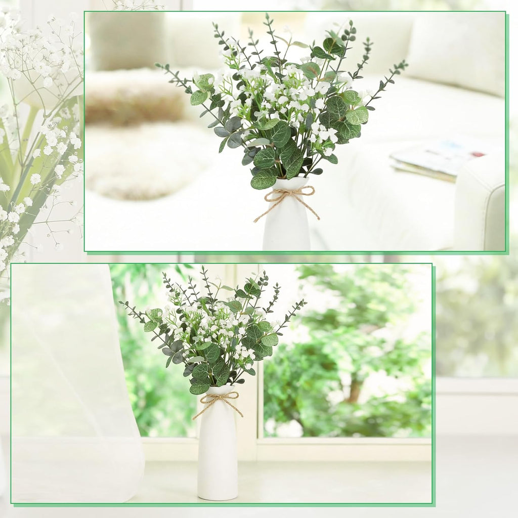Artificial Flowers in Vase Set, Eucalyptus Stems and Baby’s Breath Bundle, Fake Plants Floral Arrangement with Ceramic Vase for Table Centerpiece Home Décor