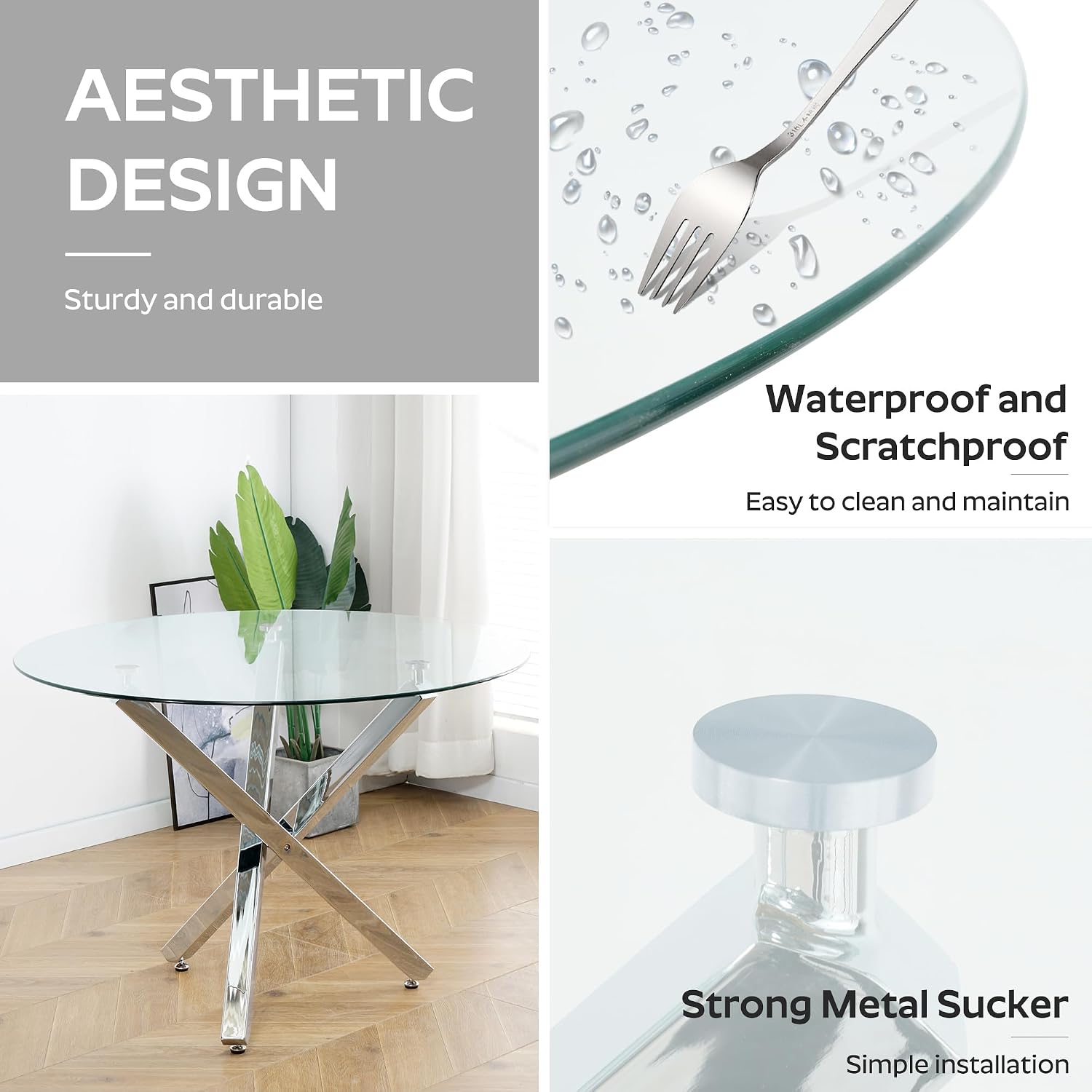 yeag 39 in Luxury Round Dining Table Set for 4, Modern Tempered Glass Top & Square Tube Crossed Metal Legs, with 4 Velvet Upholstered Kitchen Chairs, Adjustable Feet (Silver & Black)