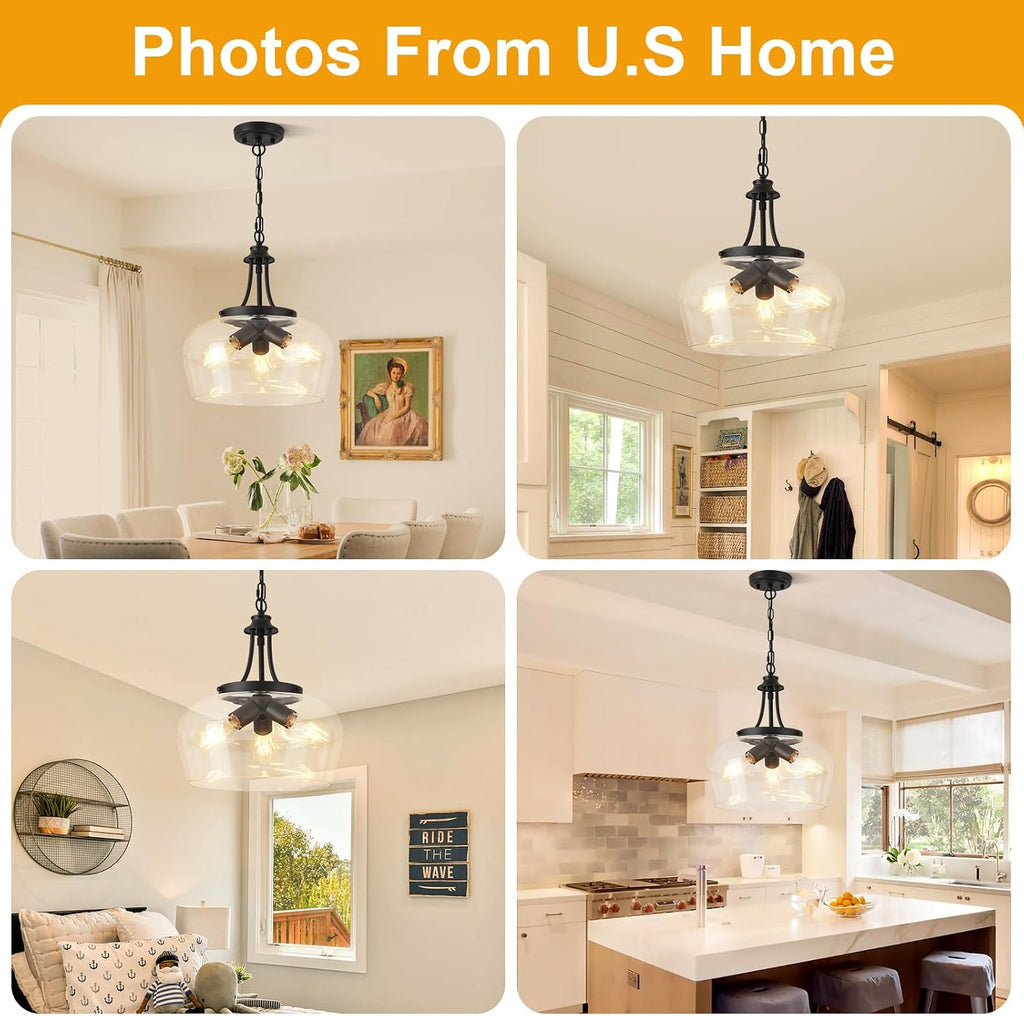 14.2" Modern Pendant Lights Kitchen Island, 3-Light Matte Black Pendant Light Fixtures with Clear Glass Shade, Industrial Hanging Pendant Lights Fixture for Kitchen Island Dining Room Bedroom Entryway
