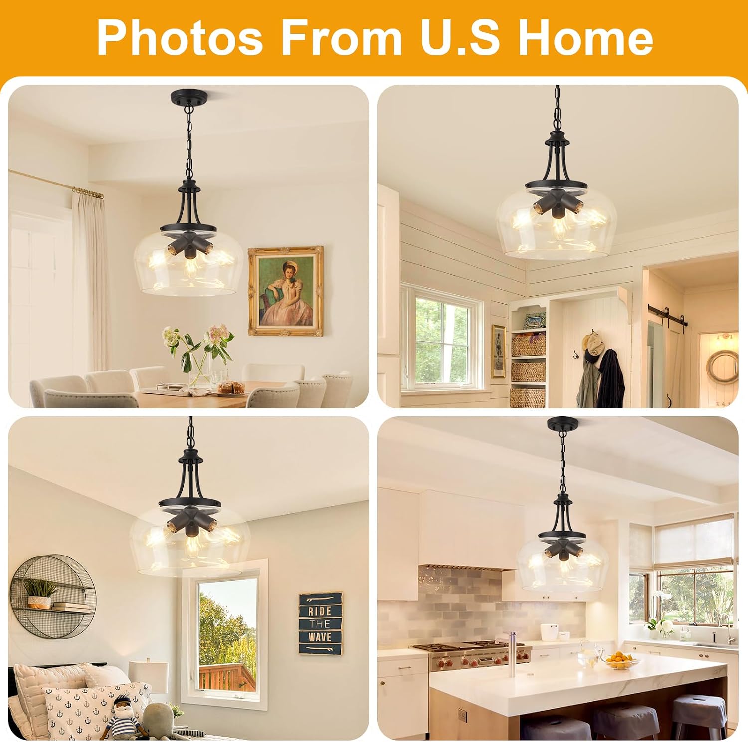 14.2" Modern Pendant Lights Kitchen Island, 3-Light Matte Black Pendant Light Fixtures with Clear Glass Shade, Industrial Hanging Pendant Lights Fixture for Kitchen Island Dining Room Bedroom Entryway