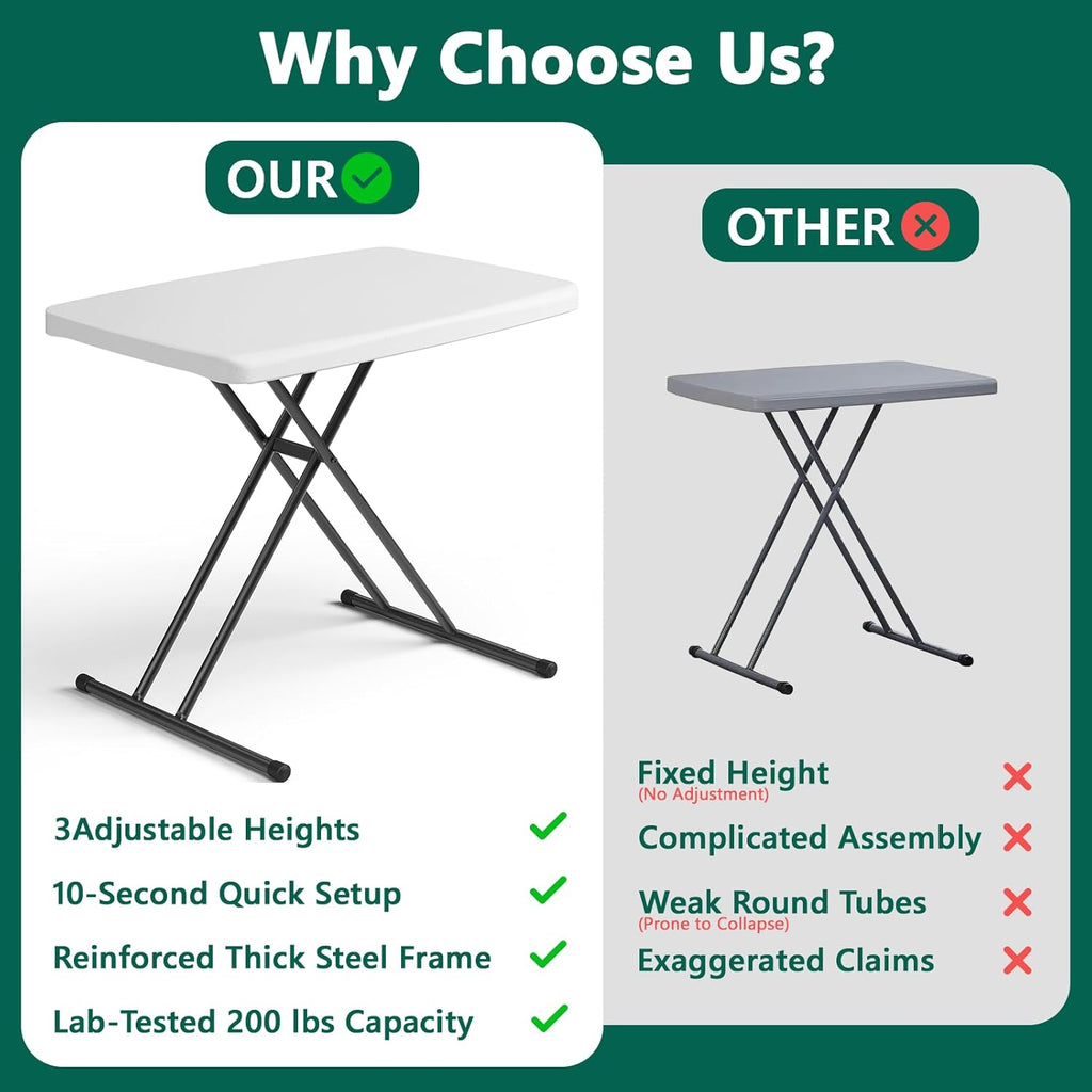 Folding Table 30 Inch - Small Desk Adjustable Height TV Tray for Laptop, Couch, Camping - Heavy Duty Utility Foldable Table for Small Spaces, No Assembly Required,Plastic White Granite