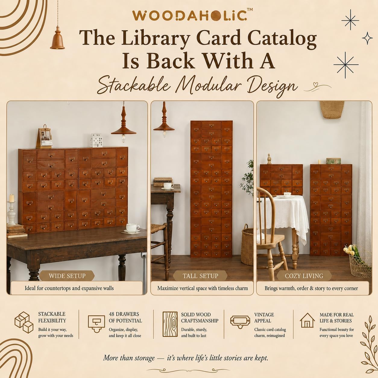 Modular Apothecary Cabinet with 48 Drawers I Stackable Library Card Catalog Organizer, Solid Wood Desktop Storage with Metal Label Holders for Makeup, Crafts, Oils, Tea & Office Supplies