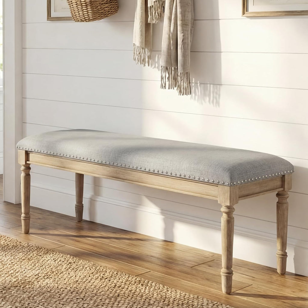 chairus Farmhouse Dining Bench 46" Wooden Entryway Bench with Padded Seat and Nailhead Trim for Kitchen Bedroom,Indoor and Hallway, Grey Linen