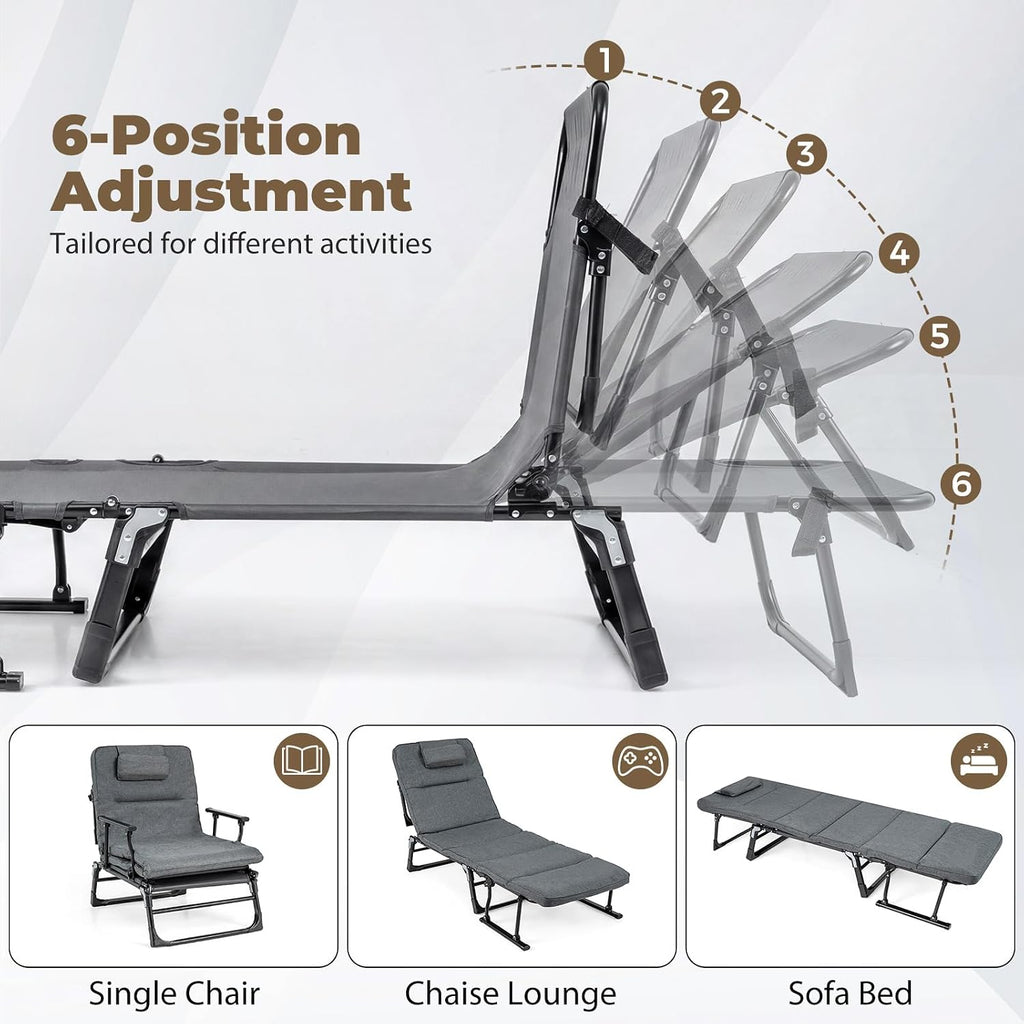 KOTEK Chaise Lounge Chair, 6-Position Folding Camping Cot with Padded Mattress, Pillow, Adjustable Camp Cot Bed for Outdoor/Indoor, Backyard, Garden, Patio, Beach, Pool or Office Use, Support 440 Lbs