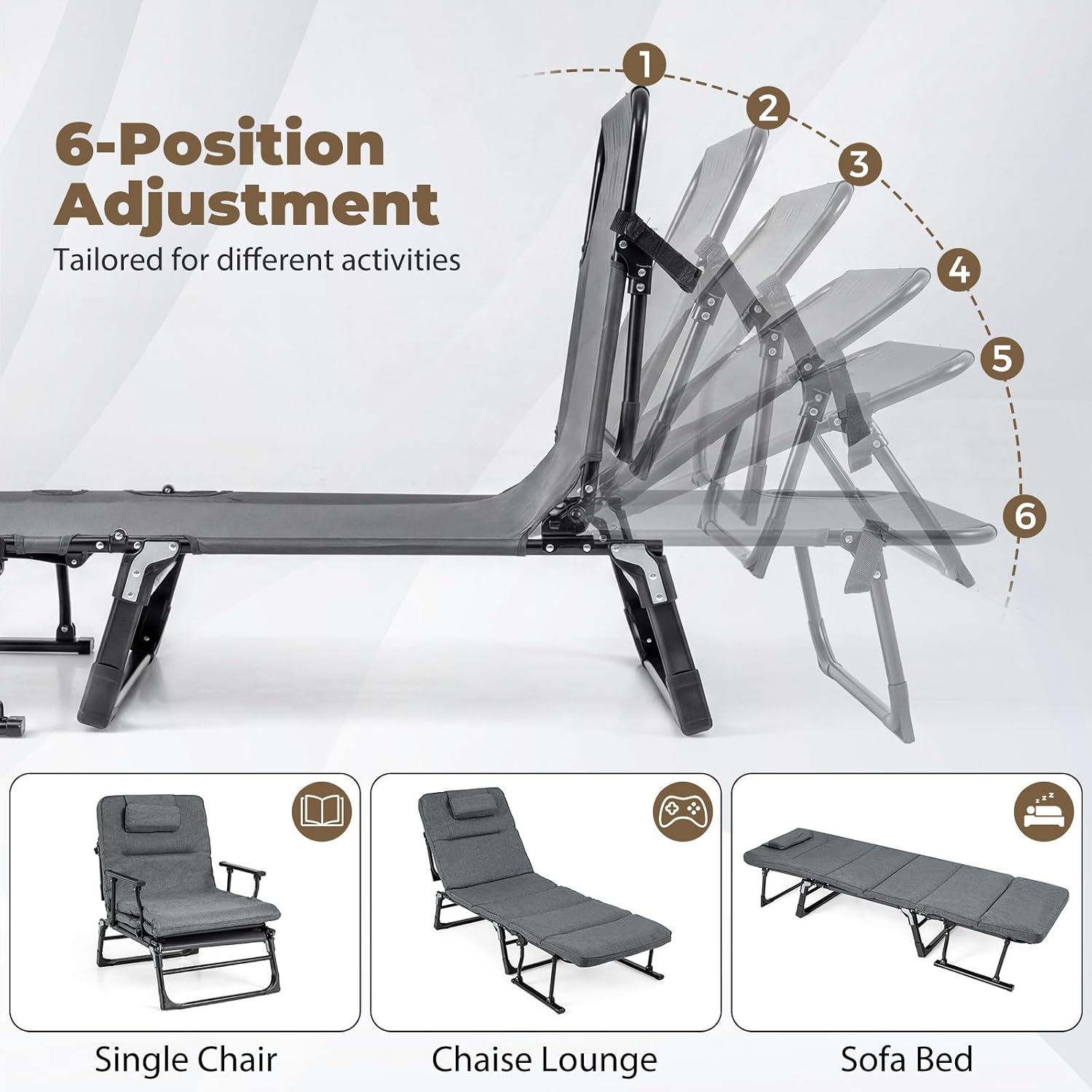 KOTEK Chaise Lounge Chair, 6-Position Folding Camping Cot with Padded Mattress, Pillow, Adjustable Camp Cot Bed for Outdoor/Indoor, Backyard, Garden, Patio, Beach, Pool or Office Use, Support 440 Lbs