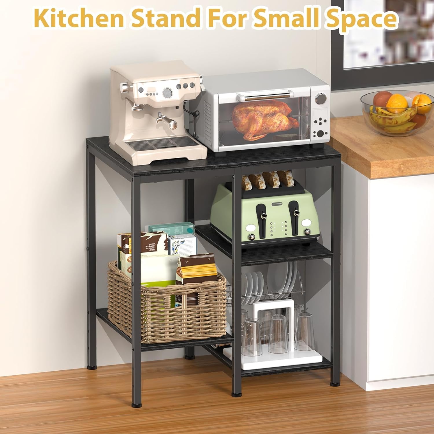 OGEMXU Kitchen Microwave Stand,4-Tier Adjustable Bakers Rack, Microwave Cart with Storage, Small Coffee Bar Table Appliance Shelf for Living Room,Office (Coal-Black)