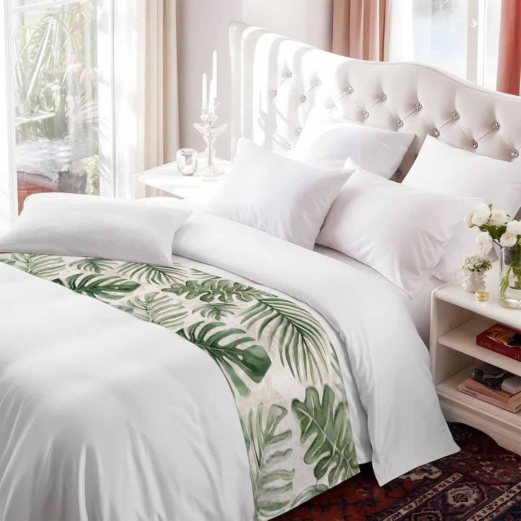 Green Monstera Deliciosa Bed Runner Scarf Cal King Size, Summer Botanical Tropical Vintage Luxury Bed Throw Runners & Scarves for Twin Full Queen King Foot of Beds, Bedroom Decoration, 102"x20"