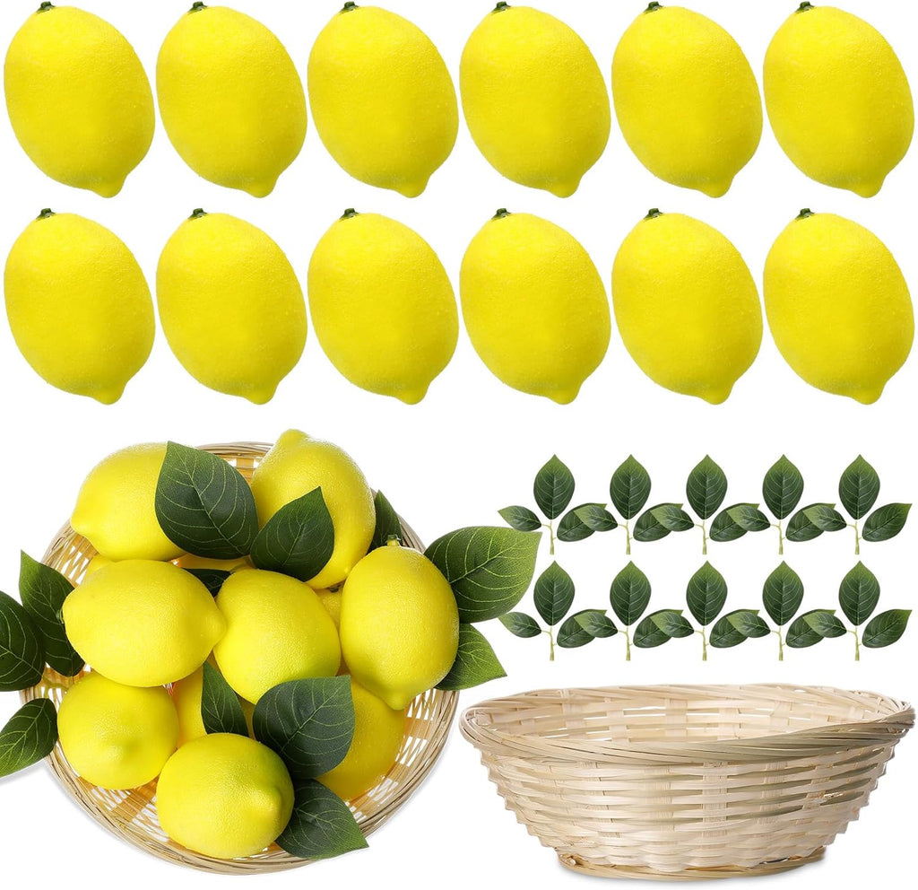 Wavwavw 12 Pcs Fake Lemon Limes Artificial Fruits Faux Lemon Limes 3" x 2" Mix Set with 10 Leaves and 1 Woven Basket Lifelike Fake Fruits Decor for Kitchen Party Table Photo Prop (Yellow)