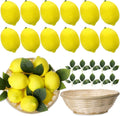 Wavwavw 12 Pcs Fake Lemon Limes Artificial Fruits Faux Lemon Limes 3" x 2" Mix Set with 10 Leaves and 1 Woven Basket Lifelike Fake Fruits Decor for Kitchen Party Table Photo Prop (Yellow)