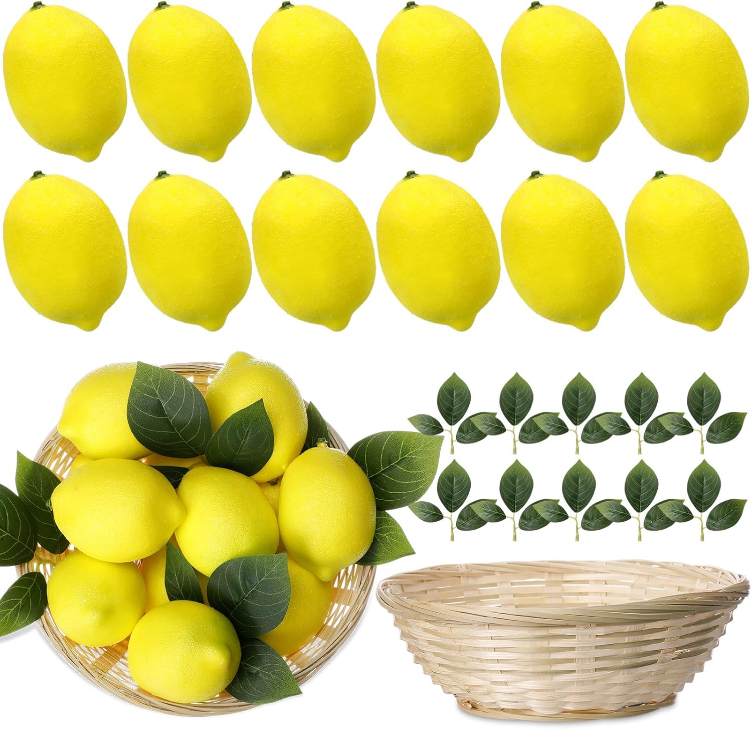 Wavwavw 12 Pcs Fake Lemon Limes Artificial Fruits Faux Lemon Limes 3" x 2" Mix Set with 10 Leaves and 1 Woven Basket Lifelike Fake Fruits Decor for Kitchen Party Table Photo Prop (Yellow)