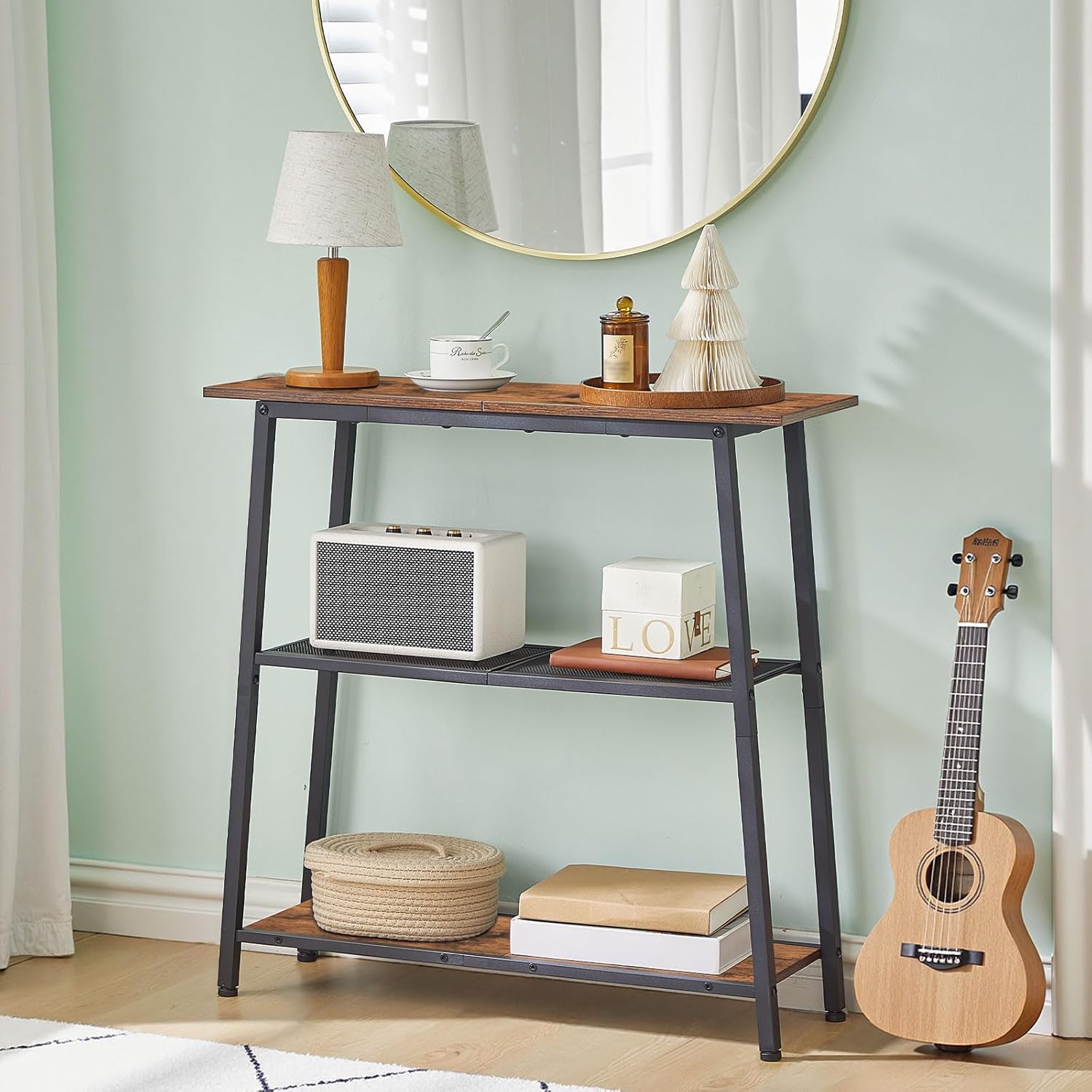 HOOBRO Narrow Console Table, 3-Tier Small Entryway Table with Storage Shelves, Behind Couch Sofa Table, Hallway Table for Entryway, Foyer, Hallway, Living Room, Rustic Brown and Black BF62XG01