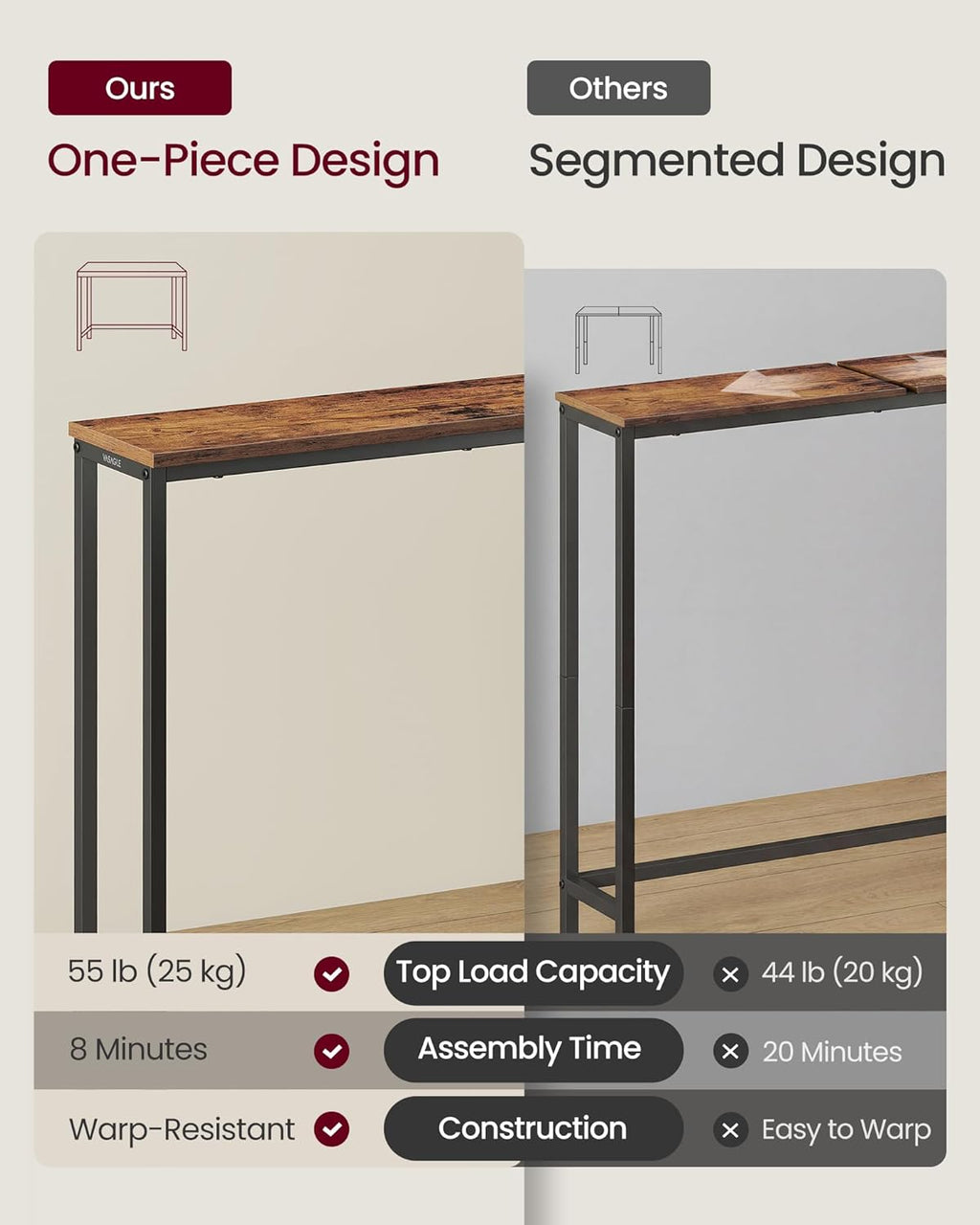 VASAGLE BARNET Collection - Console Table, Thin Narrow Entryway Doorway Table, One Piece Top, for Hallway Bedroom, Steel Frame, Modern, 1 Tier, Rustic Brown and Ink Black ULNT035KD01S