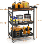 Microwave Kitchen Cart with Push Handle, 3 Tier Rolling Cart with 2 Lockable Wheels, Vintage Kitchen Storage Cart with 210Lbs Capacity for Kitchen Island, Restaurant, Coffee Bar, Living Room, Office