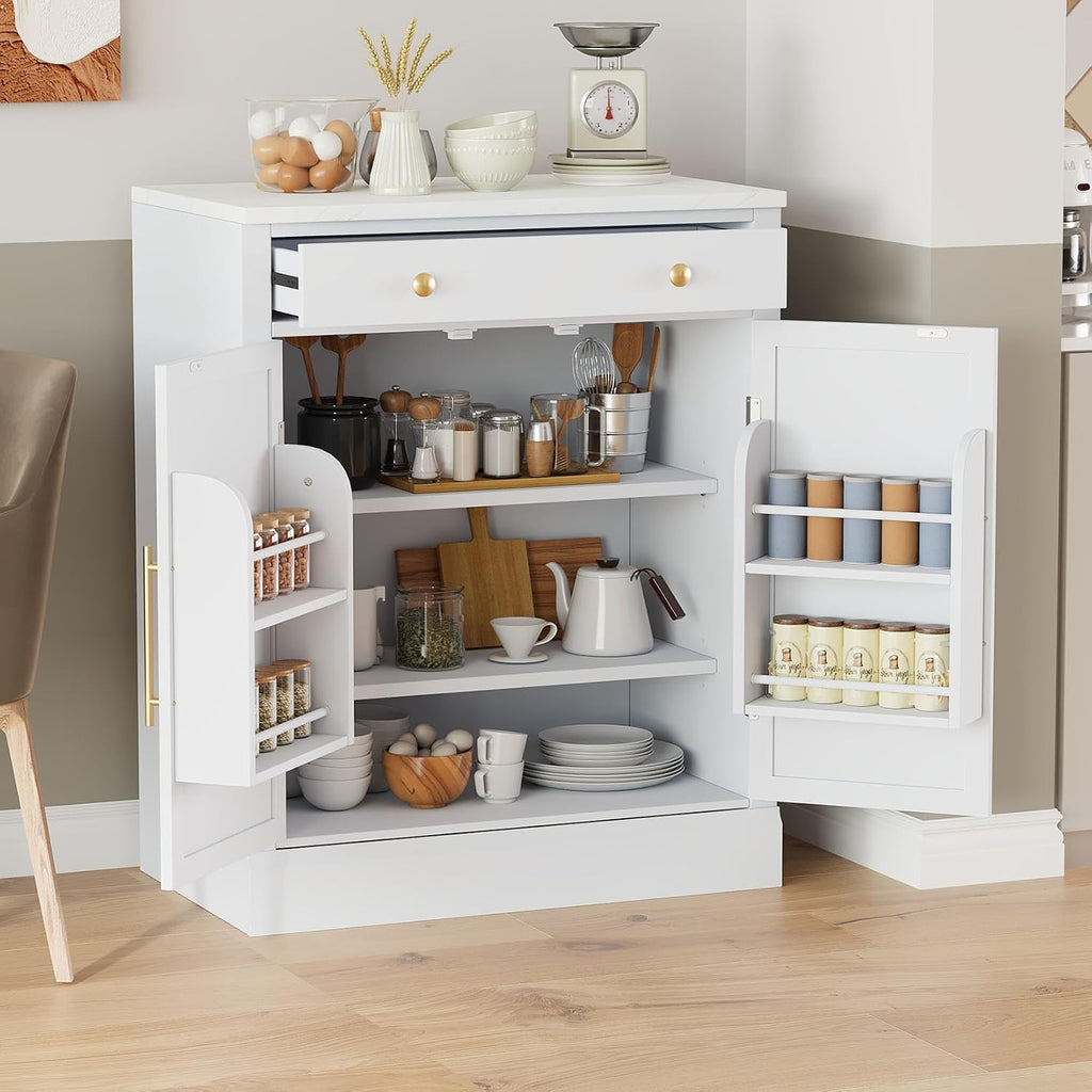 Modern Small Kitchen Pantry, Freestanding Buffet Food Storage Cabinets, Coffee Bar Cabinet with Drawer, 2 Adjustable Shelves and 2 Door Shelves for Dining, Craft Room, Kitchen
