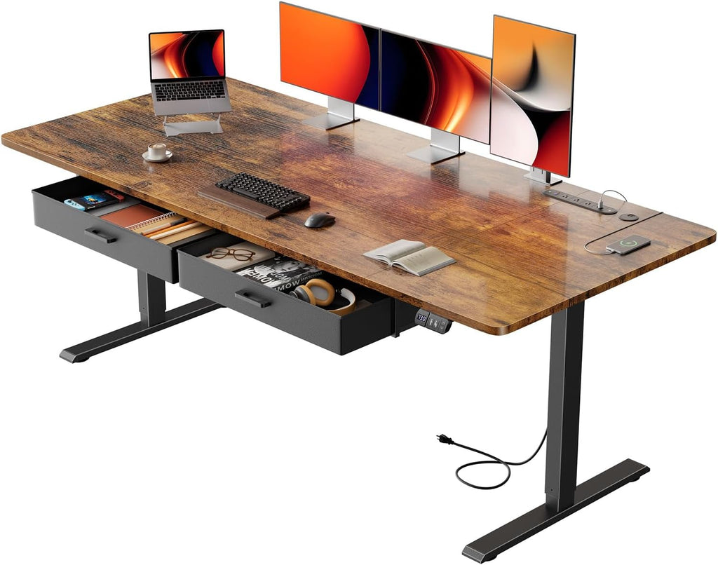 HLDIRECT Electric Standing Desk, Extra Large 71 x 31.5 Inches Height Adjustable Table with Outlets, Sit Stand Computer Desk with Drawers for Home Office, Ergonomic Rising Workstation, Rustic Brown