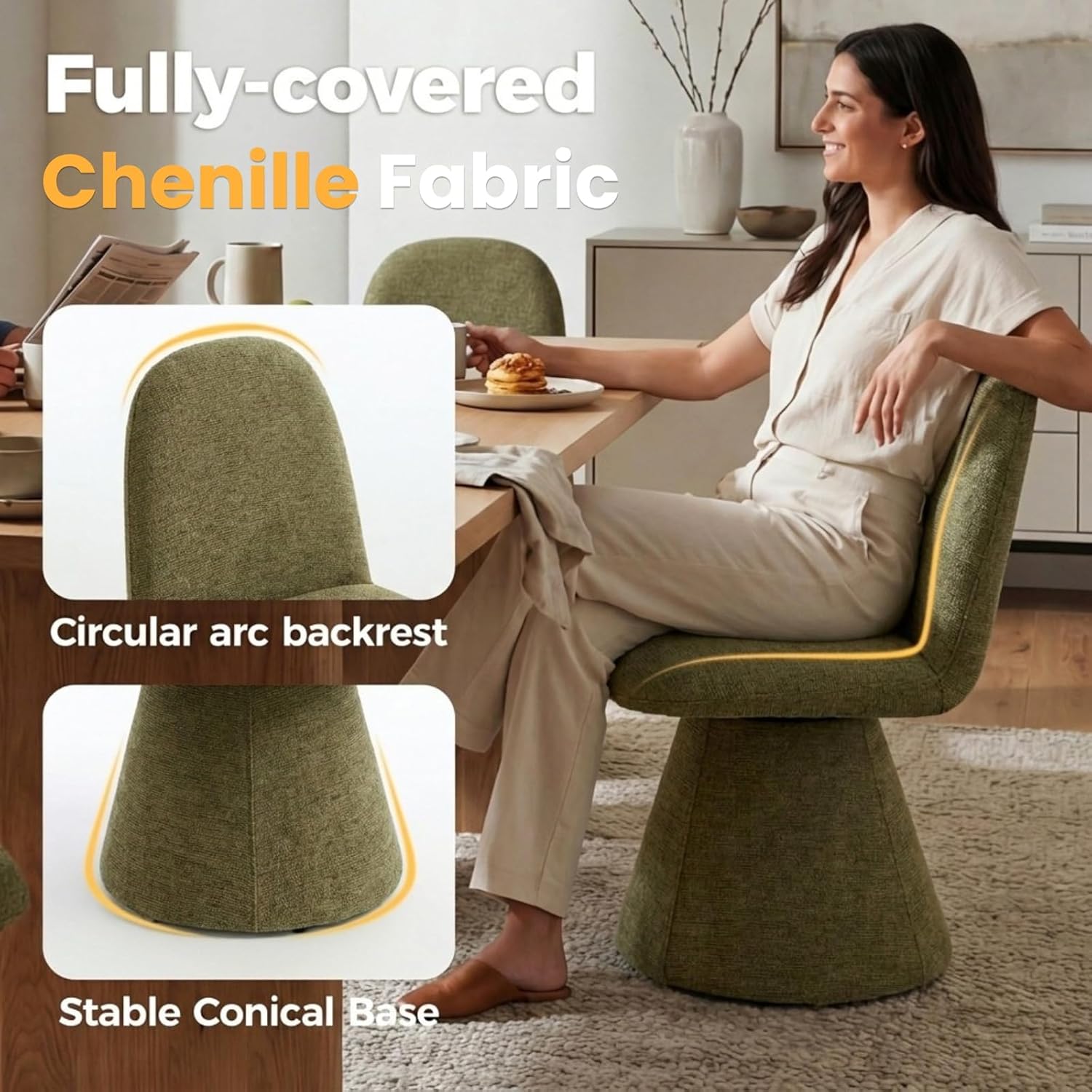 DUOMAY 360° Swivel Dining Chairs Set of 2, Mid Century Modern High Back Upholstered Kitchen Room Chair with Silent Rotating Base, Soft Chenille Accent Chair for Home Office Bedroom Reading, Green