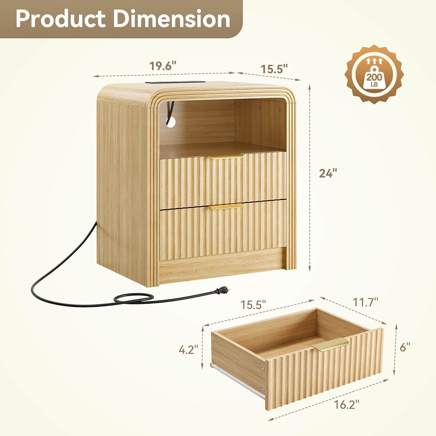 Decofy Fluted Nightstand Set of 2 with Charging Station, 19.7'' Wide Morden End Table with USB/Type-C Ports, 2 Drawers & Open Shelf, Curved Profile Design, Wood Bedside Table for Bedroom (Oak)