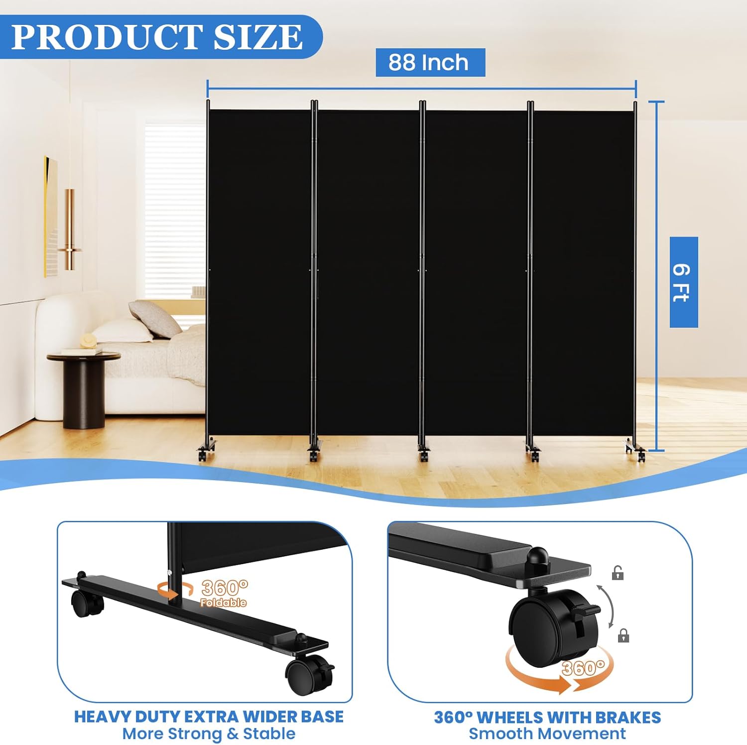 SUNALLY Room Divider 6FT Folding Privacy Screens with Lockable Wheels, 4 Panel Room Partition for Room Separator, 88" W Freestanding Portable Fabric Wall Dividers for Home Dorm Studio Office, Black