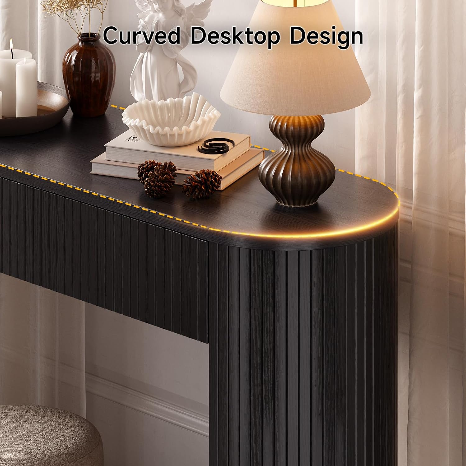 55 Inch Console Table with 2 Drawers, Entryway Tables with Storage,Black | Fluted Sofa Table Behind The Couch, Hallway Tables, Mid-Century Modern Foyer Table for Entryway, Hallway, Living Room