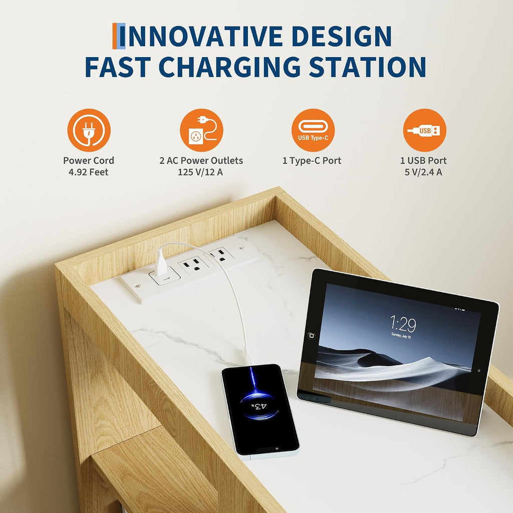 End Table with Charging Station, Mobile Side Table with Drawer, 3-Level Adjustable Shelf, 2 AC Outlets, Lockable Wheels, Nightstand for Living Room, Bed Room, Kitchen