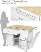 OtterOasis Kitchen Island with Storage, 43.3" Rolling Kitchen Island Cart on Wheels with Wide Drop Leaf Rubberwood Top, Large Mobile Island Table with Trash Can Storage and Towel Bar, White