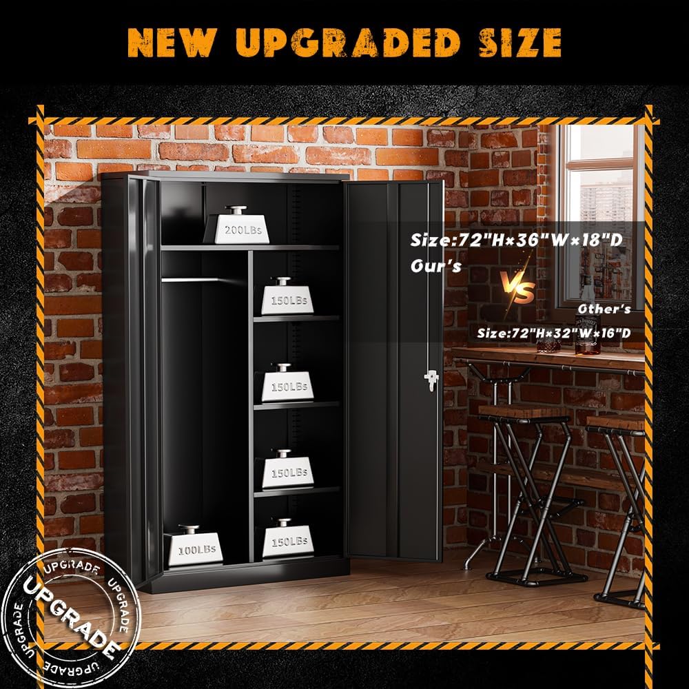 Greenvelly Metal Storage Wardrobe with Lock Door, 72" Steel Storage Wardrobe Cabinet,Employees Locker Closet Clothing Coat Steel Wardrobe Cabinet with Hanging Rod for Garage,Home, Office,Gym