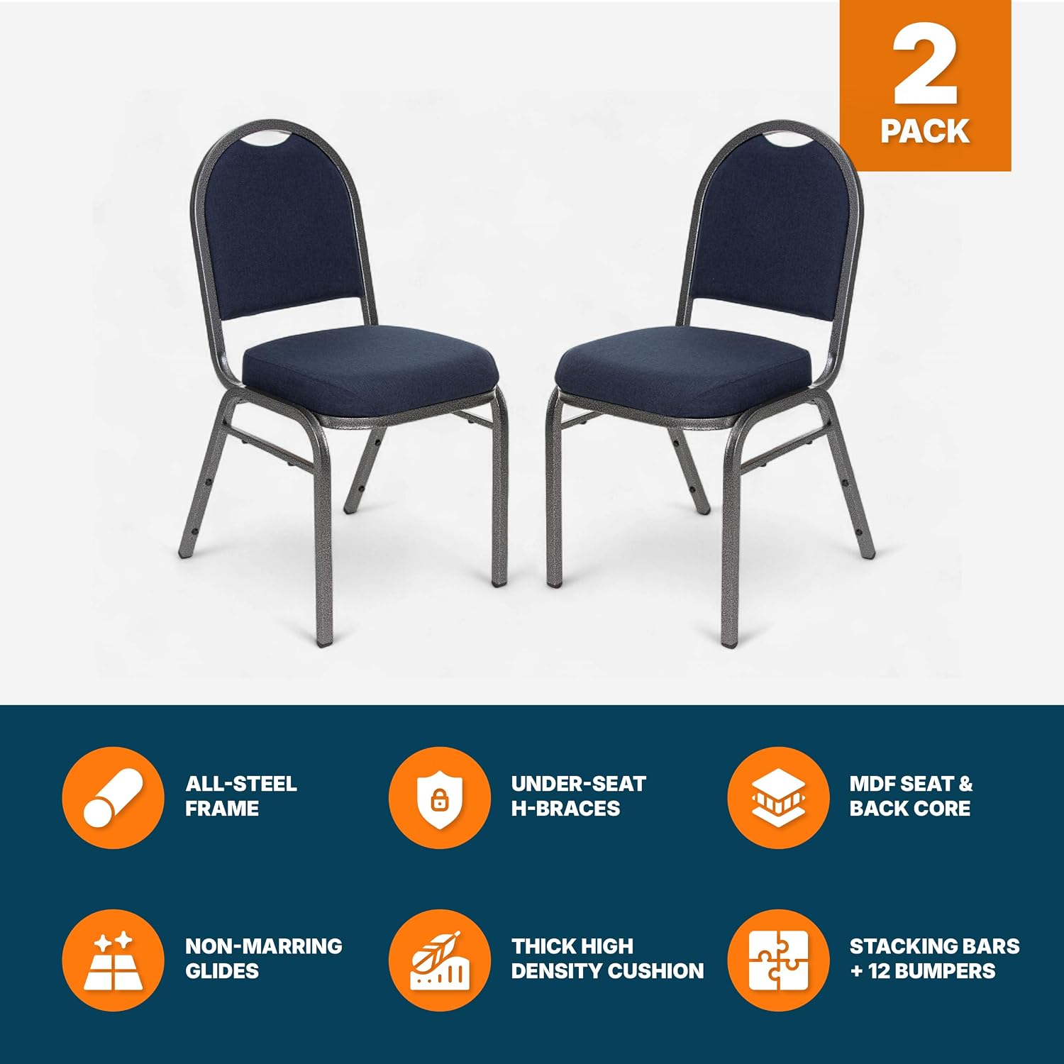 OEF Furnishings OEF9254-SV/2 Commercial-Grade Dome Back Banquet Stack Chair (Blue Fabric, Silver Powder-Coated Frame, 2-Pack)
