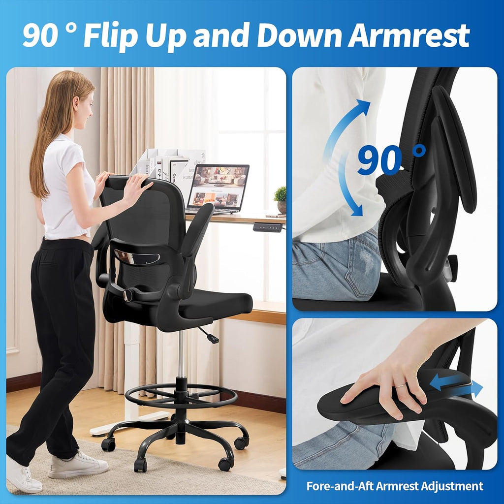 TRALT Drafting Chair - Tall Office Chair for Standing Desk - High Office Chair with Adjustable Footrest Ring Lumbar Support - Tall Office Chairs for Home Office with Flip-Up Armrests (Black)