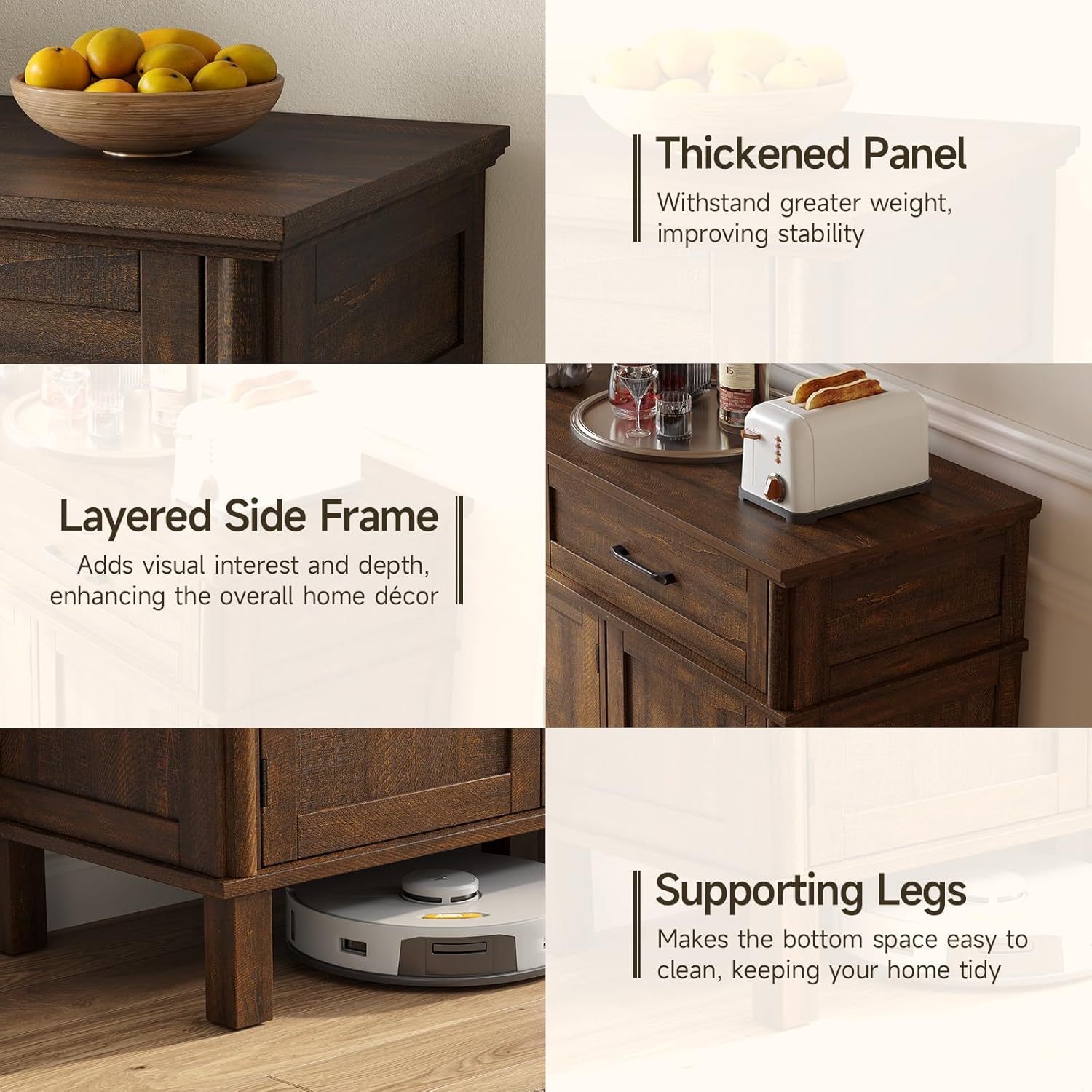48 Inch Sideboard Buffet Cabinet with Storage, Farmhouse Coffee Bar Cabinet with 4 Drawers, Adjustable Shelves, Wood Sideboard Credenza for Kitchen, Living Room, Entryway, Brown