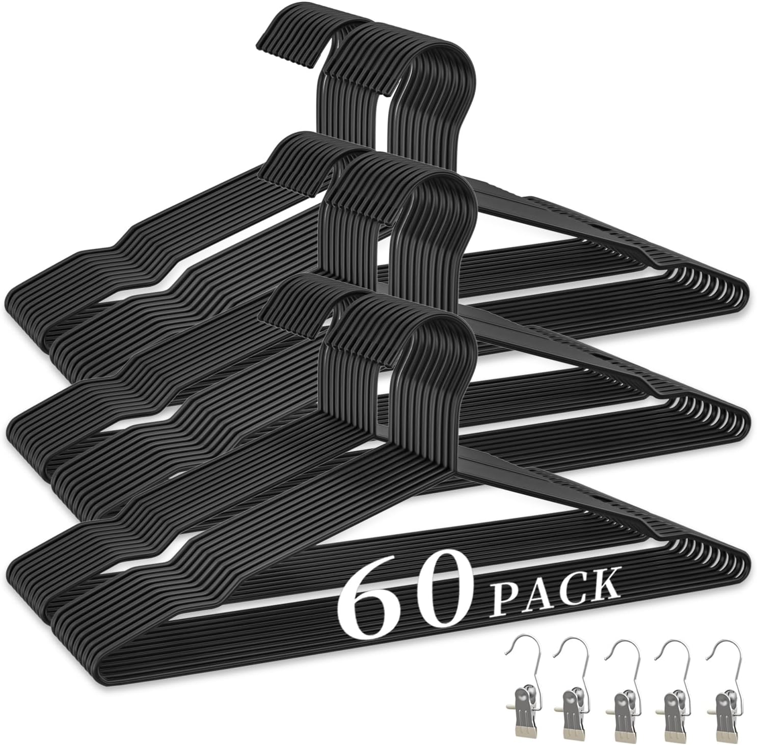 60Pack Metal Wire Hangers+5 Clothes Pins, 16.5" Wire Clothes Hangers for Standard Sized Shirt, Suits, Jackets, Skirts, Ultra Thin Space Saving, Bulk for Home and Commercial