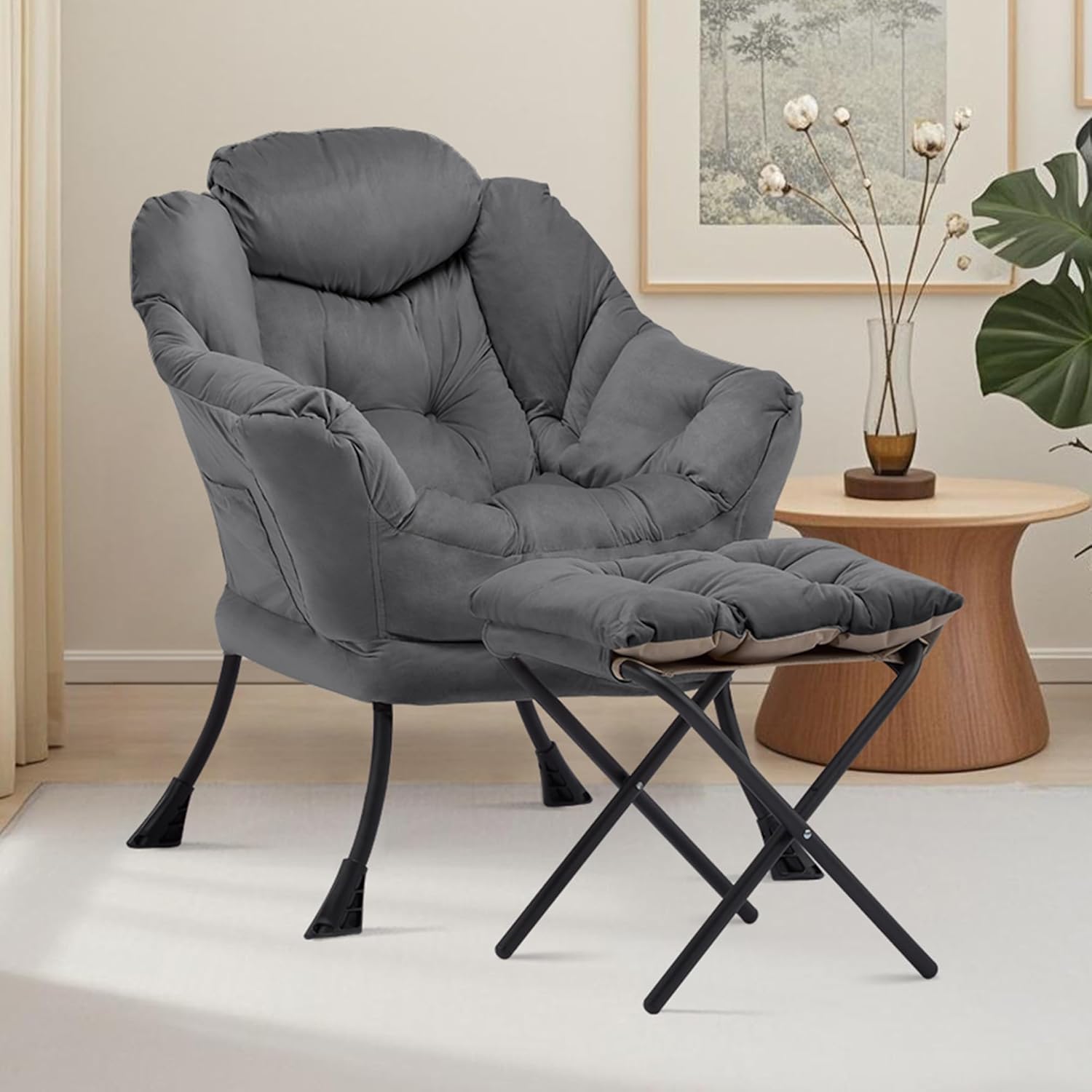 Lazy Chair with Ottoman, Comfy Accent Lounge Chair with Side Pocket, Modern Reading Armchair with Footrest, Upholstered Sofa Chair for Small Spaces, Bedroom, Living Room, Dorm, Darkgrey