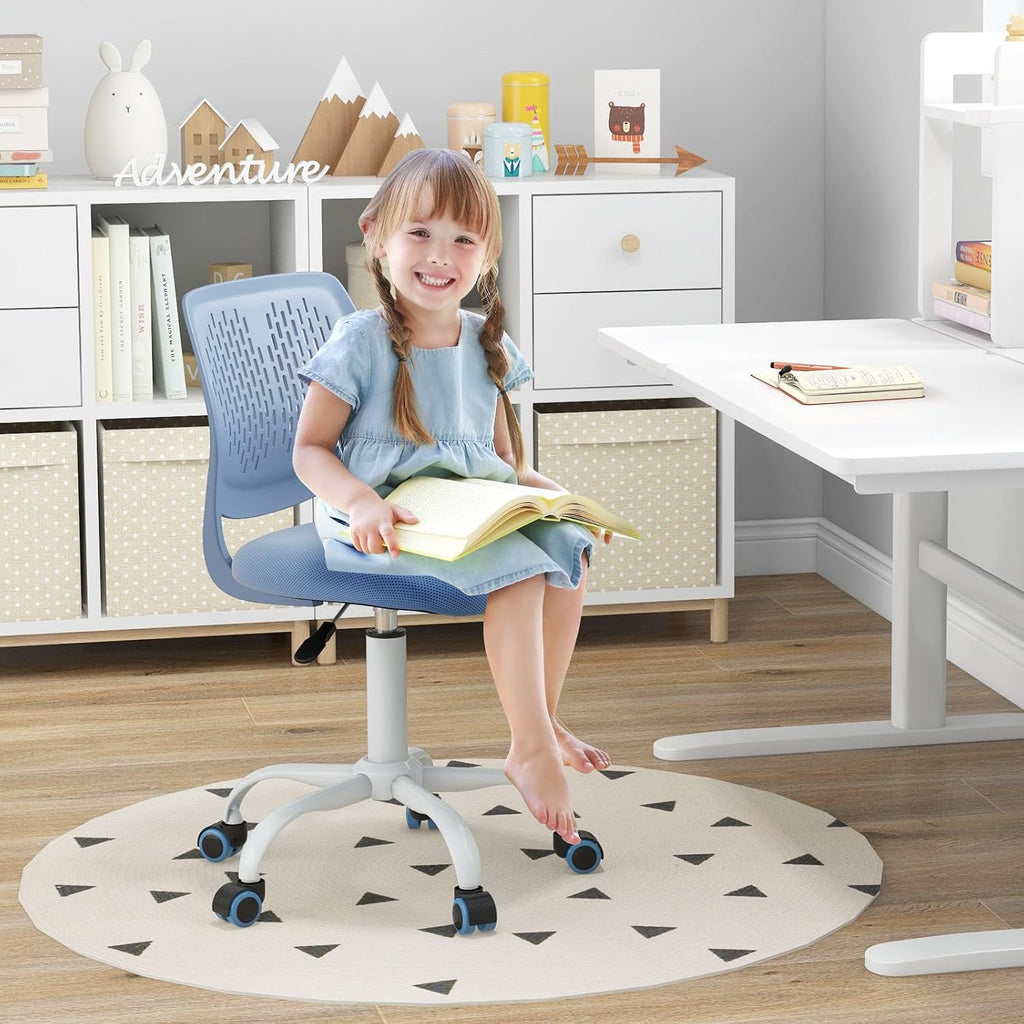 Giantex Modern Kids Desk Chair, Armless Study Chair with Adjustable Height, Ergonomic Office Chair with Wheels, Rolling Swivel Mesh Task Desk Chair for Girls Boys Teens, Blue