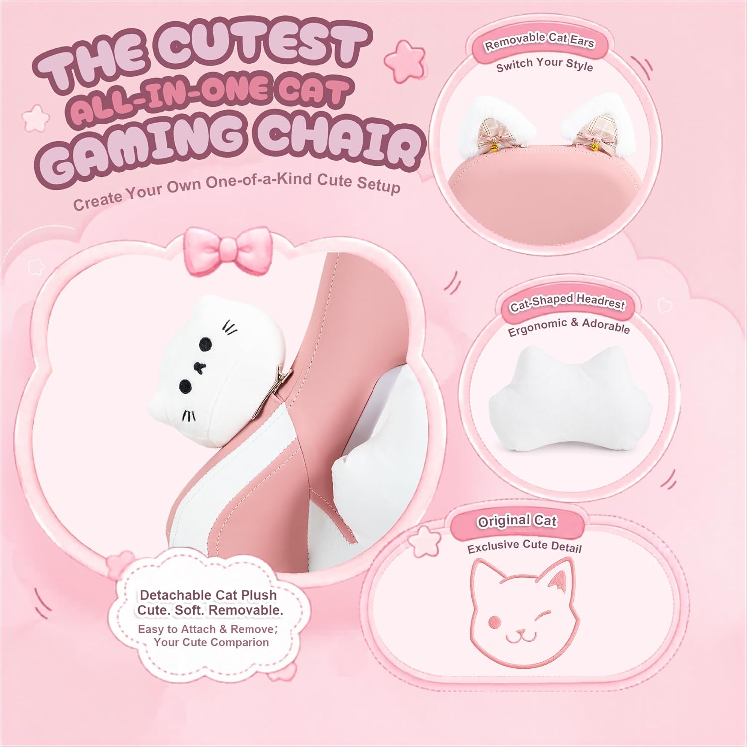 Dowinx Pink Gaming Chair with Cat Ears and Massage Lumbar Support, Ergonomic Computer Chair with Footrest and Headrest, Comfortable Reclining Game Chair 290lbs for Adults, Pink
