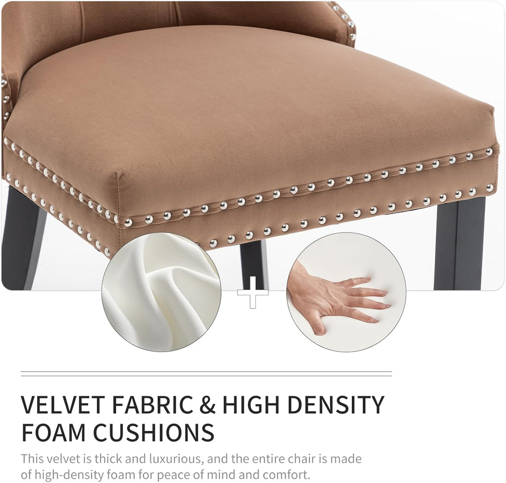 Velvet Dining Chairs Set of 6, Upholstered Dining Room Chairs with Nailhead Trim, Sillas de Comedor Modernas 6, Wooden Kitchen Chairs for Dining Room, Living Room, Kitchen, Bedroom, Brown