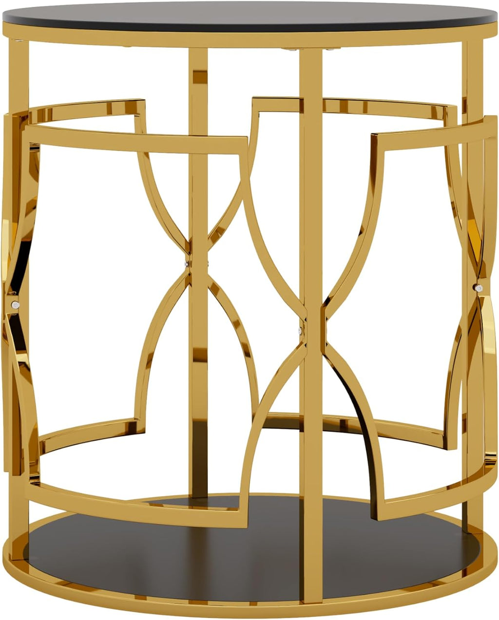 Merax 19.7" Round Gold Metal Side Table with Tempered Glass Top & 2-Tier Storage Shelf, Modern Coffee Table Glam End Table for Living Room, Bedroom, Sofa Side, Small Space, Black