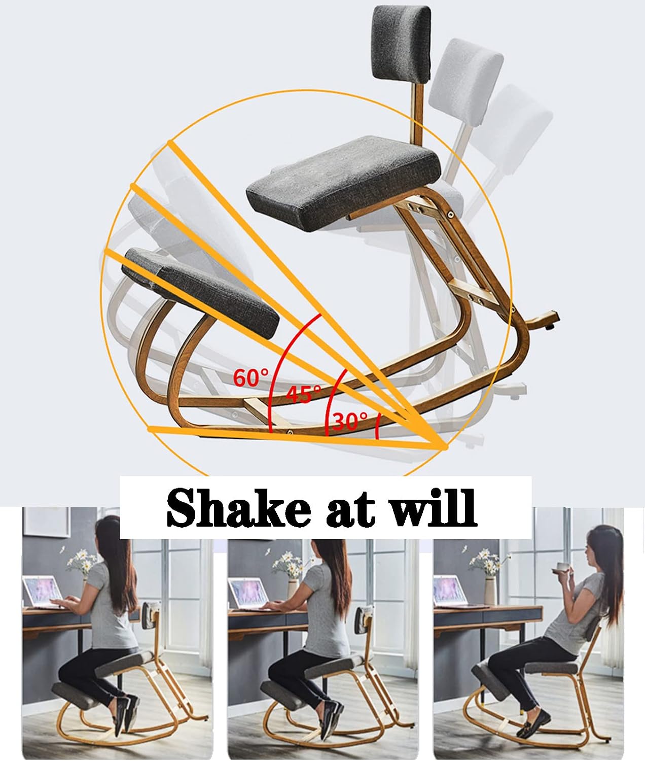 Ergonomic Kneeling Chair with Back Support - Posture Corrective Rocking Balance Stool for Office Use, Orthopedic Design to Relieve Fatigue and Improve Comfort (Grey)