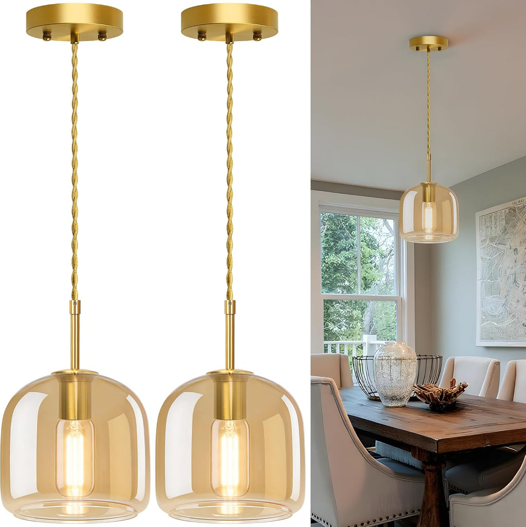 Pendant Lights Kitchen Island 2 Pack,Gold Pendant Lights with Glass Shade,Vintage Hanging Light Fixture Adjustable Cord for Kitchen,Dining Room,Hallway,Living Room,Foyer, Entryway