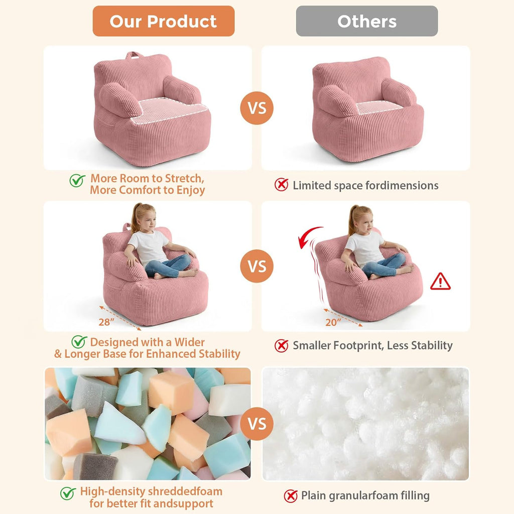 Bean Bag Chairs for Kids with Armrests, Comfy Kids Bean Bag Chair, Stuffed Toddler Bean Bag Sofa for Boys and Girls, Small Bean Bags for with Pocket, Floor Chair for Gaming, Reading & Relaxing, Pink